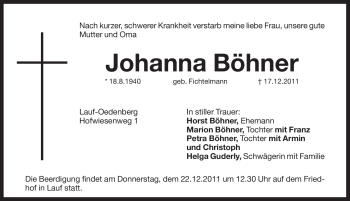 Traueranzeige von Johanna Böhner von Pegnitz-Zeitung